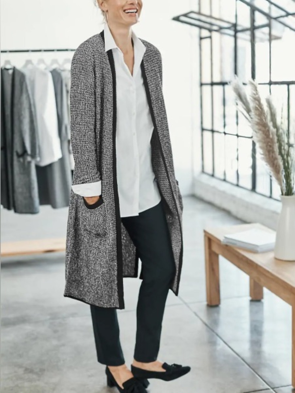 J. Jill Long Open Knit Cardigan Sweater | Black & White Duster